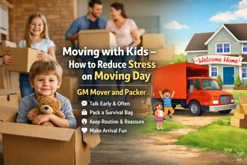 Moving with kids on moving day showing a happy family packing boxes to reduce stress during relocation