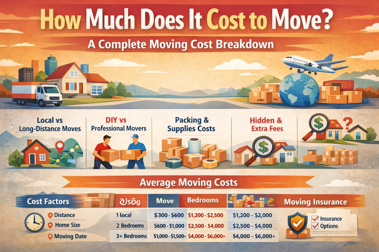 Infographic showing how much does it cost to move, including average moving costs, local and long-distance pricing, packing, and hidden expenses.